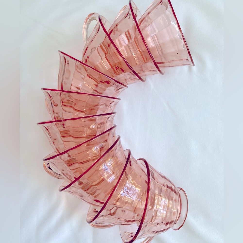 Depression Glass Pink Block Optic Teacups & Saucers